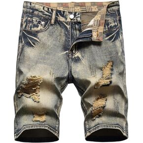 Men Shorts Classic Fit Knee Length Denim Short Pants Summer Ripped Fashion Distressed Washed Jeans Cargo Shorts with Pockets