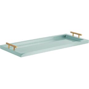 Kate and Laurel Halsey Rectangle Decorative Narrow Tray with Gold Metal Handles, 24 x 10, Blue and Gold, Modern Glam Slim Serving Tray with Handles for Living Room Decor