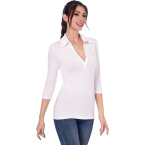 AmélieBoutik Women Collared deep V Neck 3/4 Sleeve Knit Slim Fitted Tops Casual Work Polo Shirt