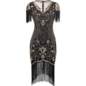867 - Plus Size 1920s Vintage Fringed Sleeves Gatsby Sequin Tassels Hem Flapper Party Prom Cocktail Concert Dress