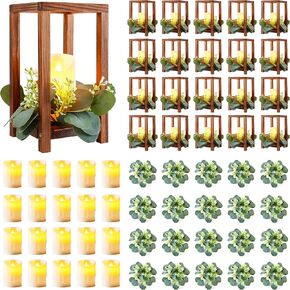 60 Pcs/20 Set Wedding Lantern Centerpiece for Table-Wooden Candle Lantern Bulk Includes 20 Farmhouse Wooden Candle Holder 20 Flameless LED Candles 20 Eucalyptus Leaves Wreath for Decoration