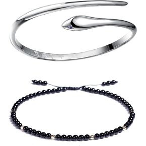 Jewever 925 Sterling Silver Snake Bangle Bracelet + Black Obsidian Anklet Bracelet for Women Beach Foot crystals and Healing Stones