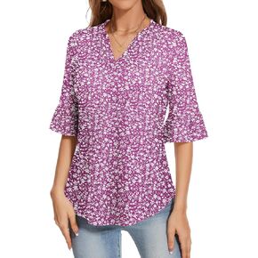 YATHON 3/4 Length Sleeve Womens Tops Dressy Casual Summer Shirts V Neck Bell Sleeve Floral Print Loose Ruffle Tunic Blouses