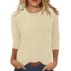 Womens Tops Dressy Casual 3/4 Sleeve Round Neck Shirts Loose Fit Blouses
