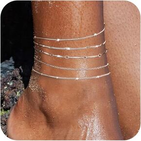 Gold Anklets for Women Waterproof, 14K Gold/Silver Plated Ankle Bracelets for Women Trendy Layered Cuban Link Chain Herringbone Anklets Set Pack Cute Summer Beach Fashion Jewelry for Women