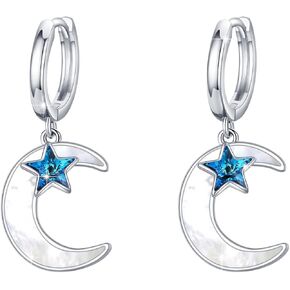 Star Moon Earrings for Women Sterling Silver Mother of Pearl Moon Hoop Earrings Blue Stars Moom Dangle Earrings Moon Star Jewelry Gifts for Teen Girls Mom Mother's Day