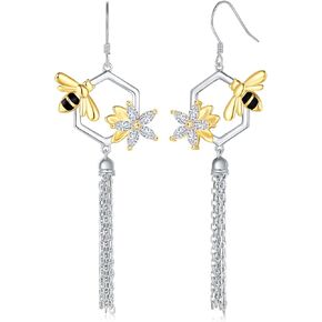 JZWUYAN Silver Honeycomb Bee Tassel Earrings - 925 Sterling Silver Bumble Bee Tassel Drop Earring Jewelry for Women, Beehive with HoneyBee Dangle Earrings Gifts for Girls