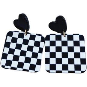 Acrylic Black White Irregular Geometric Striped Checkered Dangle Drop Earrings Minimalist Love Heart Flower Pattern Statement Earrings Jewelry for Women