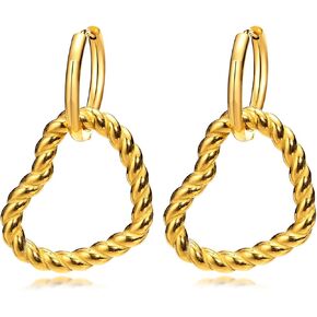 Fashion 18K Gold Plated Hoop Earrings Stainless Steel Twist Hollow Heart Dangle Drop Earrings