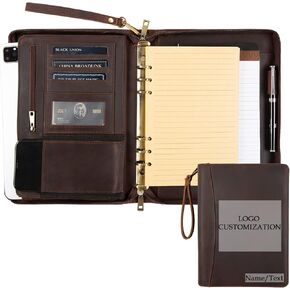 A5 Genuine Leather Portfolio Notebook Binder, 6 Ring Binder Notebook Portfolio, Refillable Notebook A5 Planner Binder with Binder Pockets (Standard,Dark Brown)
