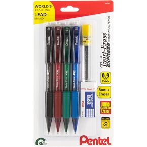 Pentel Twist-Erase EXPRESS Mechanical Pencils, (0.9mm), Assorted Barrel Colors, Pack of 4 Pencils, Lead + Small Block Eraser