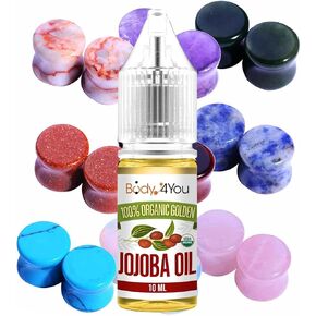 BodyJ4You 18PC Body Piercing Stone Plugs - Beginners 00G 10mm - Ear Stretching Organic Jojoba Oil Aftercare Dropper Bottle (10ml) - Saddle Double Flared Tunnels Expander Earrings