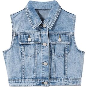 Verdusa Boy's Button Up Denim Cargo Vest Flap Pocket Sleeveless Jean Jacket Outerwear