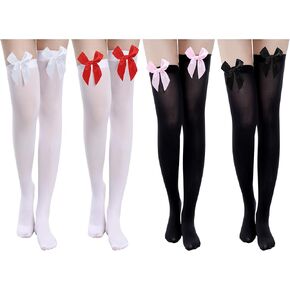 4 Pairs Women Thigh High Stockings with Bows Over the Knee Socks for Women Dress Daily Valentine's Halloween Cosplay Costume Party Tights Accessory