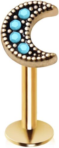 Amelia Fashion 16 Gauge Golden Turquoise Crescent Moon Externally Threaded Labret/Monroe Stud 316L Surgical Steel in Saudi Arabia