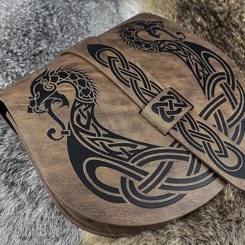 حقيبة حزام لانغسكيب منقوشة من HiiFeuer Viking، حقيبة جانبية من الجلد الصناعي ذات غطاء سرج من العصور الوسطى، حقيبة حزام محمولة قديمة (أسود A) in Saudi Arabia