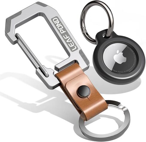 Keychain & AirTag Holder, Heavy Duty Utility Men's Key Chain & Leather Strap, Titanium Plating Stainless Steel Car Key Ring Keeper, EDC Carabiner Keyring Organizer, Key Clip for Pants in Saudi Arabia