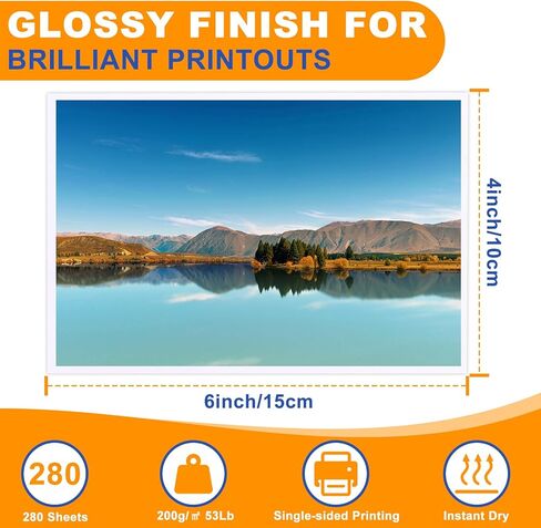 ورق صور مقاس 4 × 6، ورق صور لامع 280 ورقة، ورق صور للطابعة، ورق صور جاف فوري للطابعة النافثة للحبر، 200 جم/م² 53 رطل، أبيض in Kuwait