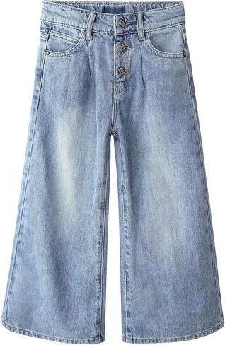 KIDSCOOL SPACE Girls' Wide-Leg Jeans,3 Buttons Front Elastic Band InsideSimple Design Flared Denim Pants in Saudi Arabia
