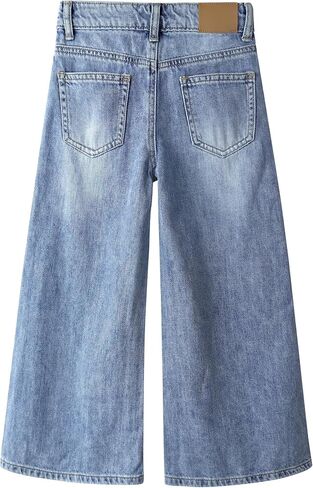 KIDSCOOL SPACE Girls' Wide-Leg Jeans,3 Buttons Front Elastic Band InsideSimple Design Flared Denim Pants in Saudi Arabia