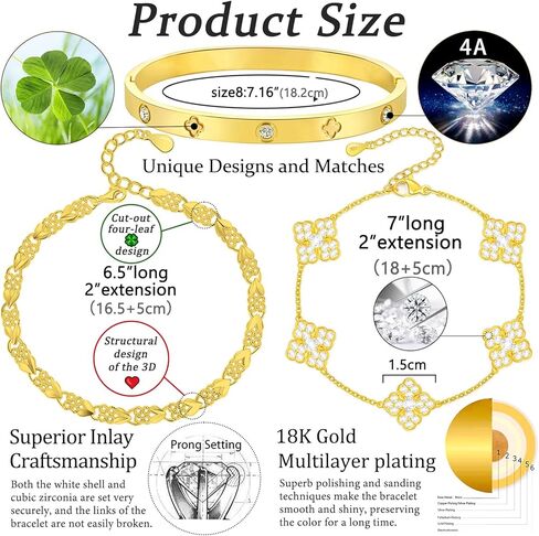 محظوظ أربع أوراق الأساور 18K مطلية بالذهب الذهب أربع أوراق سوار مجموعة للنساء أمي عاشق الذهب مكعب زركونيا أربع أوراق سوار للتخرج أساور هدية عيد ميلاد هدية سوار الصداقة الهدايا in Kuwait