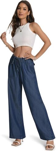 Women's High Waisted Wide Leg Jeans Drawstring Pull on Jeans for Summer Trendy 2024 Flowy Light Weight Pants in Saudi Arabia