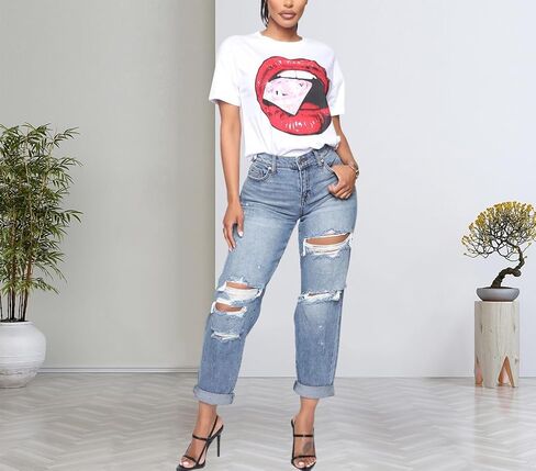 بنطال جينز نسائي من BessCops Boyfriend جينز أمي ممزق وممزق قابل للتمدد in Saudi Arabia