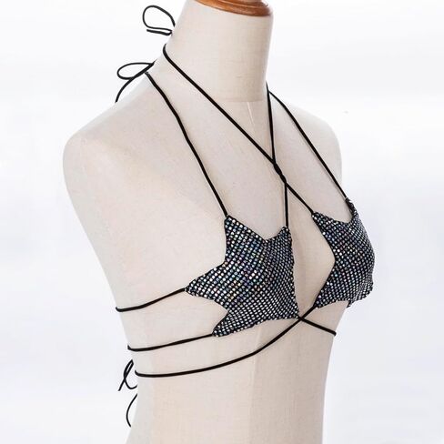 Women's Sequins Halter Triangle Bra Sexy Club Rave Bikini Top Backless Bandeau Strappy Crop Top Lingerie Festival Outfit in Saudi Arabia