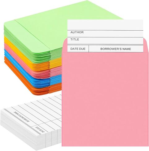 200 Pcs Library Pocket Envelopes and Books Cards Include 100 Self Adhesive Pocket Envelopes and 100 Check out Cards Library Supplies(Colorful Envelop, White Card) in Saudi Arabia