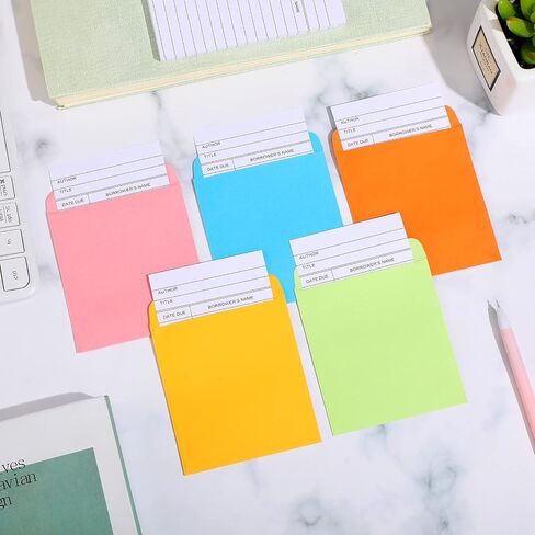 200 Pcs Library Pocket Envelopes and Books Cards Include 100 Self Adhesive Pocket Envelopes and 100 Check out Cards Library Supplies(Colorful Envelop, White Card) in Saudi Arabia