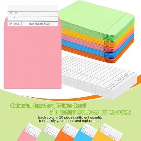 200 Pcs Library Pocket Envelopes and Books Cards Include 100 Self Adhesive Pocket Envelopes and 100 Check out Cards Library Supplies(Colorful Envelop, White Card) in Saudi Arabia