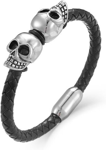 Mens Leather Bracelet Skull Braided Wristband Bangle Stainless Steel Jewelry Gifts for Him in Saudi Arabia