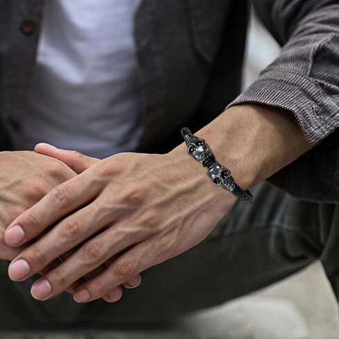 Mens Leather Bracelet Skull Braided Wristband Bangle Stainless Steel Jewelry Gifts for Him in Saudi Arabia