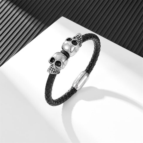 Mens Leather Bracelet Skull Braided Wristband Bangle Stainless Steel Jewelry Gifts for Him in Saudi Arabia