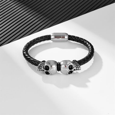 Mens Leather Bracelet Skull Braided Wristband Bangle Stainless Steel Jewelry Gifts for Him in Saudi Arabia