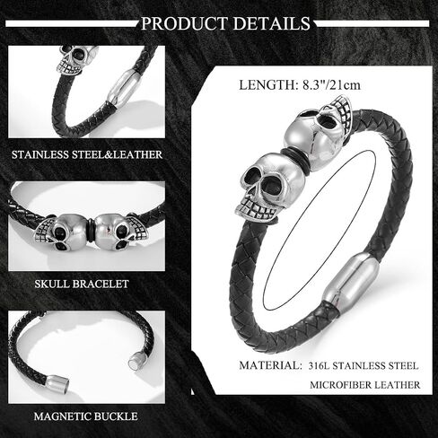 Mens Leather Bracelet Skull Braided Wristband Bangle Stainless Steel Jewelry Gifts for Him in Saudi Arabia