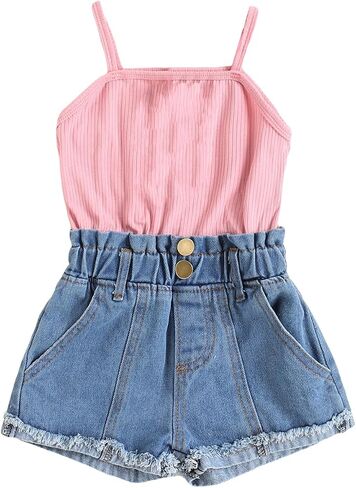 SHENHE Girl's Rib Knit Spaghetti Strap Paperbag Waist Raw Hem Summer Cute Romper Jumpsuit Pink Blue 5T in Saudi Arabia