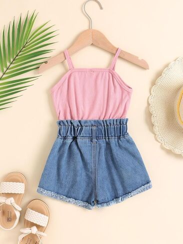 SHENHE Girl's Rib Knit Spaghetti Strap Paperbag Waist Raw Hem Summer Cute Romper Jumpsuit Pink Blue 5T in Saudi Arabia