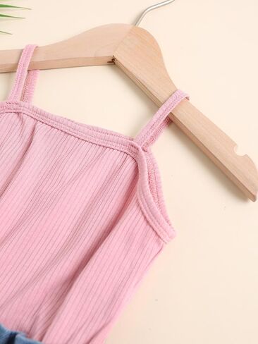 SHENHE Girl's Rib Knit Spaghetti Strap Paperbag Waist Raw Hem Summer Cute Romper Jumpsuit Pink Blue 5T in Saudi Arabia