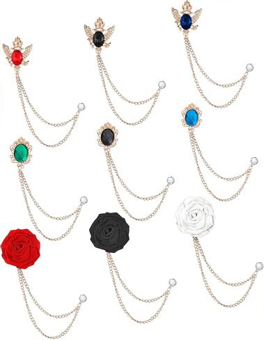 Akeoqi 9 قطعة بدلة بروش التلبيب دبوس سلسلة معلقة طوق قميص دبوس بروش تاج زهرة الورد شرابة شارة التعادل دبابيس للرجال والنساء in Kuwait