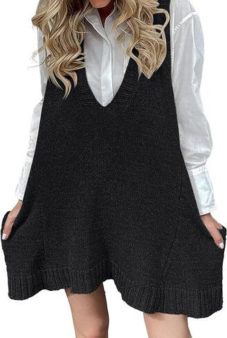 Zeagoo Womens Sweater Vest Dress Pattern Knitted Pullovers Sweaters V Neck Tank Sweater Dress with Pockets in Kuwait