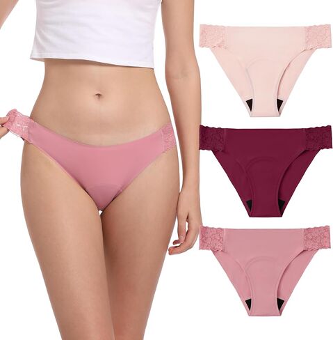 Women’s Period Underwear Lace Seamless Leak Proof Hipster Bikini Menstrual Panties 3 Pack in Saudi Arabia