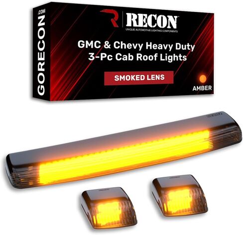 RECON - يناسب Sierra & Silverado 15-19 (جسم الجيل الثالث) عالي التحمل (مجموعة من 3 قطع) عدسة إضاءة سقف الكابينة المدخنة مع مصابيح LED كهرمانية - (تستبدل مصابيح OEM) in Kuwait