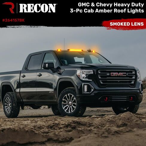 RECON - يناسب Sierra & Silverado 15-19 (جسم الجيل الثالث) عالي التحمل (مجموعة من 3 قطع) عدسة إضاءة سقف الكابينة المدخنة مع مصابيح LED كهرمانية - (تستبدل مصابيح OEM) in Kuwait