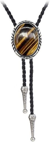 BRBAM Minimalist Style Natural Stone Bolo Tie Oval Gemstone Pendant with Striped Border Leather Necktie in Saudi Arabia