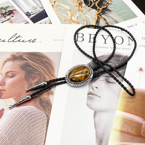 BRBAM Minimalist Style Natural Stone Bolo Tie Oval Gemstone Pendant with Striped Border Leather Necktie in Saudi Arabia