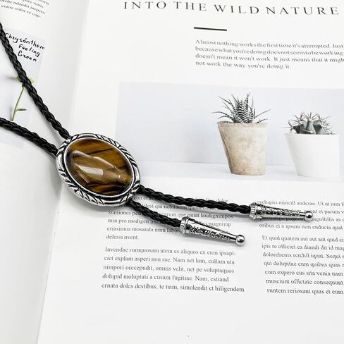 BRBAM Minimalist Style Natural Stone Bolo Tie Oval Gemstone Pendant with Striped Border Leather Necktie in Saudi Arabia