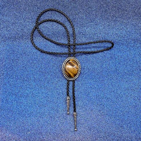 BRBAM Minimalist Style Natural Stone Bolo Tie Oval Gemstone Pendant with Striped Border Leather Necktie in Saudi Arabia