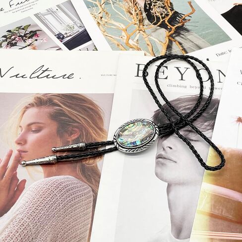 BRBAM Minimalist Style Natural Stone Bolo Tie Oval Gemstone Pendant with Striped Border Leather Necktie in Saudi Arabia