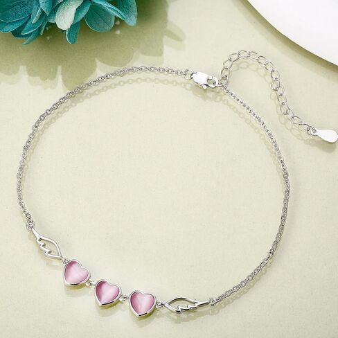 Pink Heart Anklet Sterling Silver Summer Beach Heart and Angel Wings Ankle Bracelets for Women in Saudi Arabia